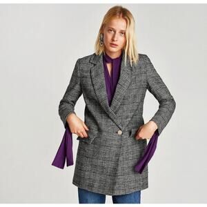Zara Longline Plaid Wool Blend Double Breasted Blazer Oversized XS